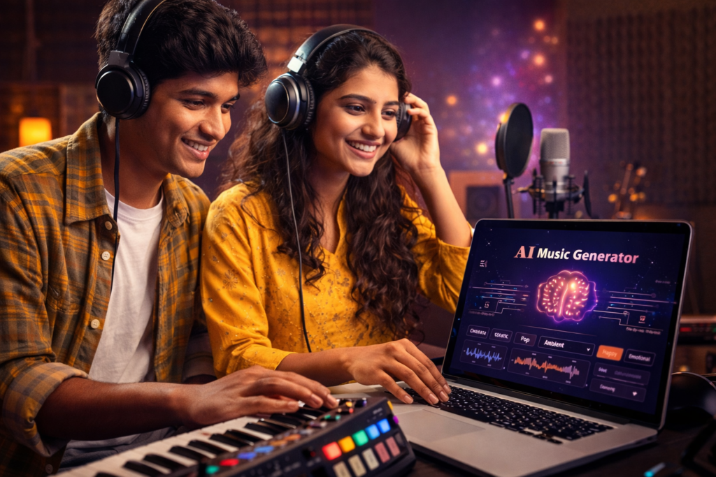 Young Indian man and woman wearing headphones and creating music together using an AI music generator in a recording studio.
