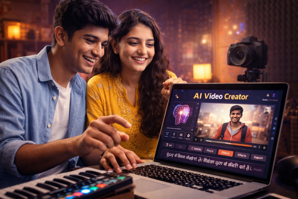 लैपटॉप पर AI वीडियो टूल्स का उपयोग करते हुए एक युवा भारतीय छात्र और छात्रा, जो डिजिटल कंटेंट बना रहे हैं।