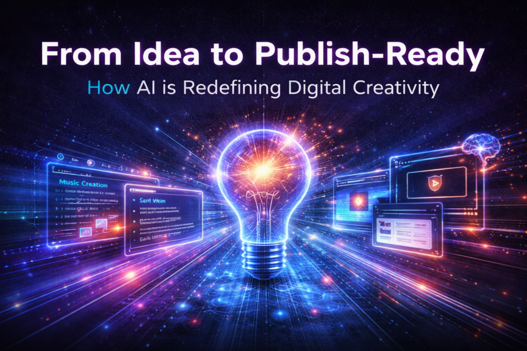 Futuristic AI illustration showing a glowing lightbulb symbolizing ideas, surrounded by digital interfaces for music creation, image generation, video content, and social media automation.