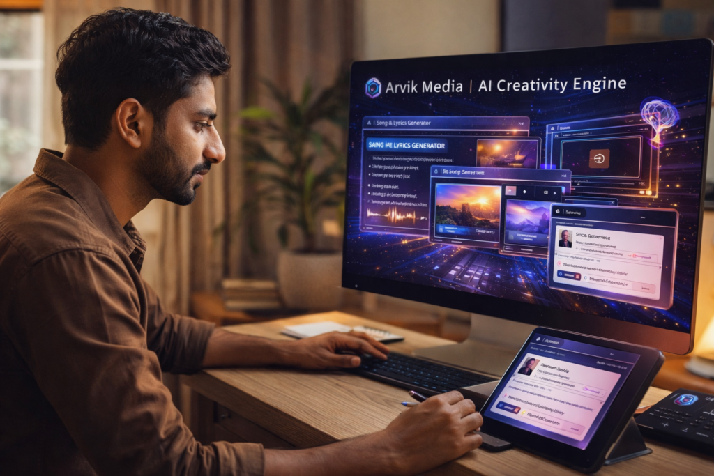 An Indian content creator working on a desktop computer and tablet using AI tools to generate songs, visuals, videos, and social media content in a home workspace.